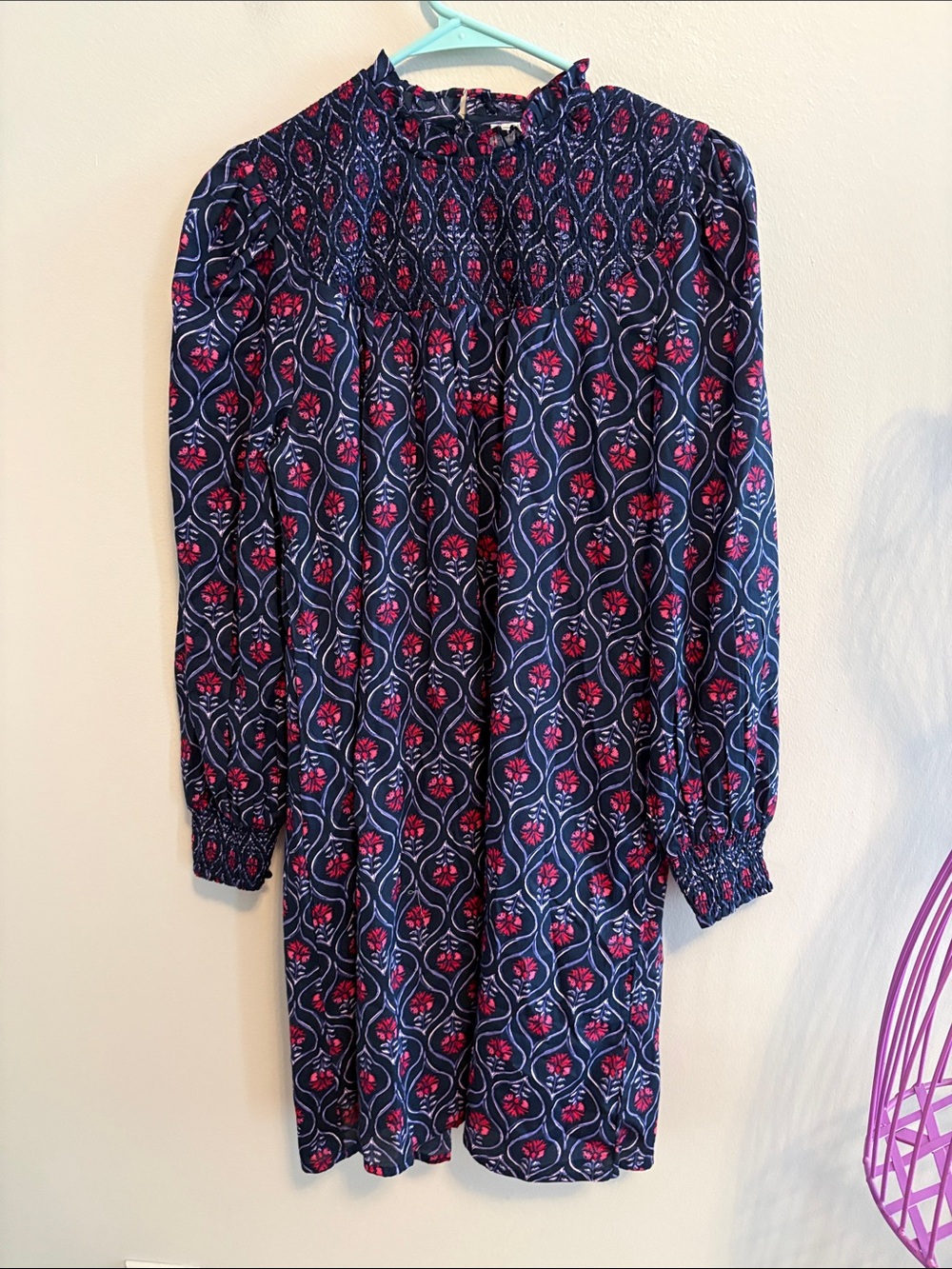 Mud Pie Navy Dress with Pink Floral Print and Smocked Yoke NWOTS